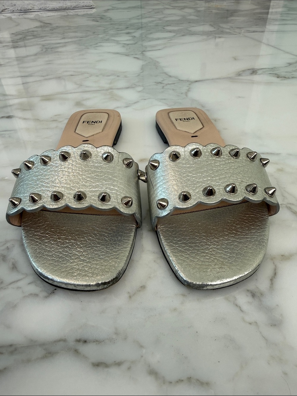 Fendi Silver Scalloped Stud Slide Sandals - Picture 3 of 6
